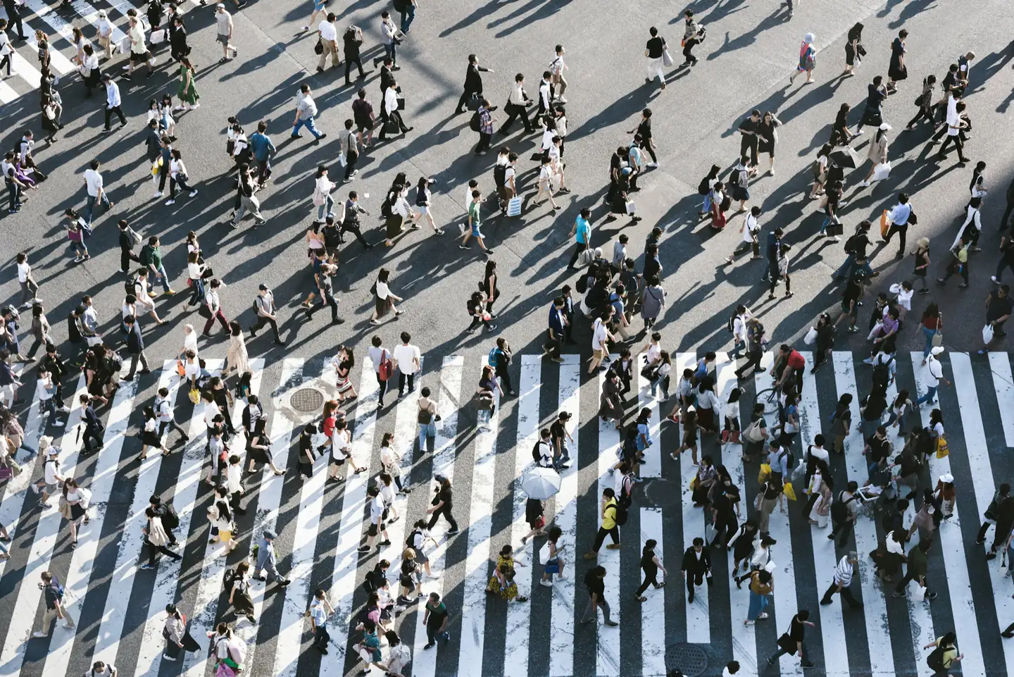 Multidão atravessando uma faixa de pedestres vista de cima
